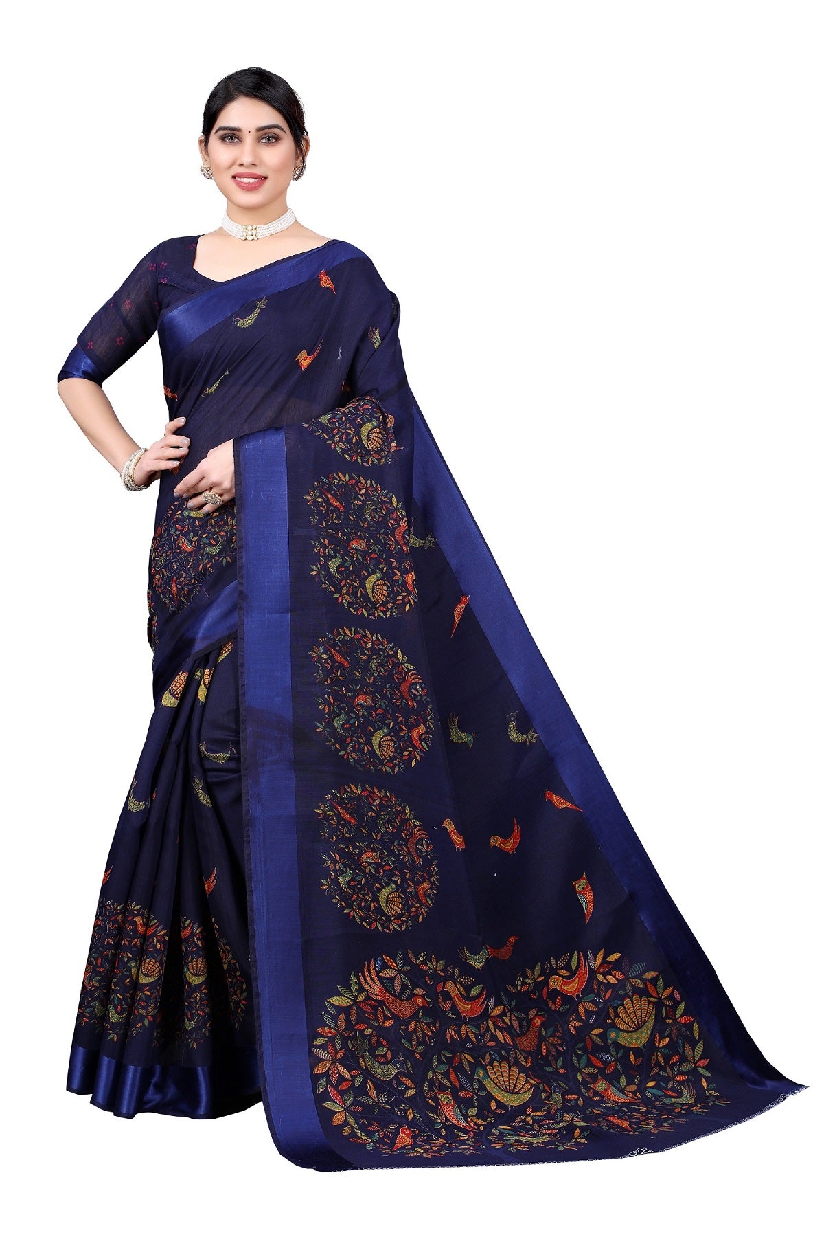 Vamika Linen Satin Border Navy Bollywood Style Saree - Distacart