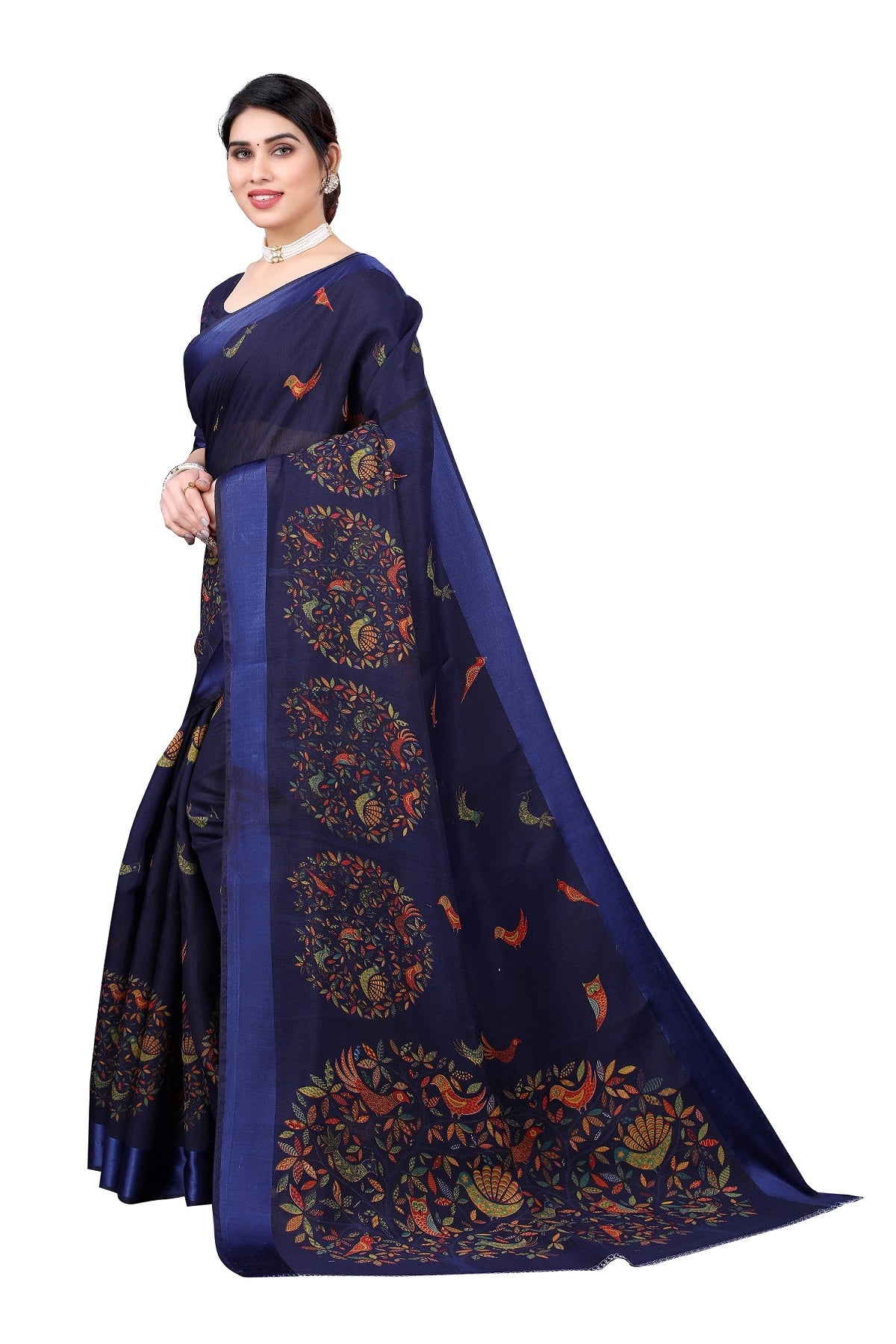 Vamika Linen Satin Border Navy Bollywood Style Saree - Distacart