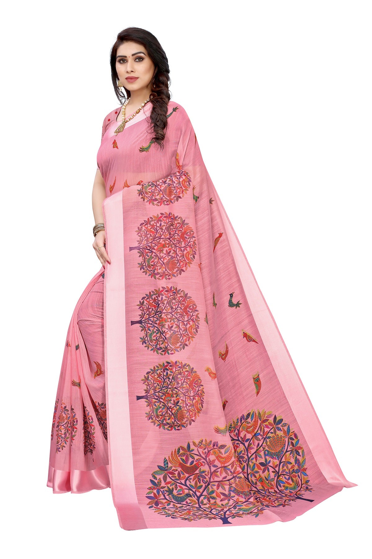 Vamika Linen Satin Border Peach Bollywood Style Saree - Distacart