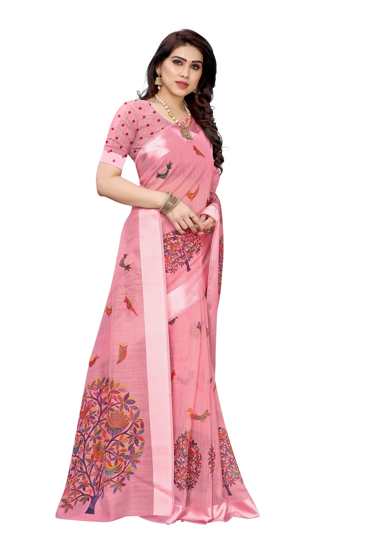 Vamika Linen Satin Border Peach Bollywood Style Saree - Distacart