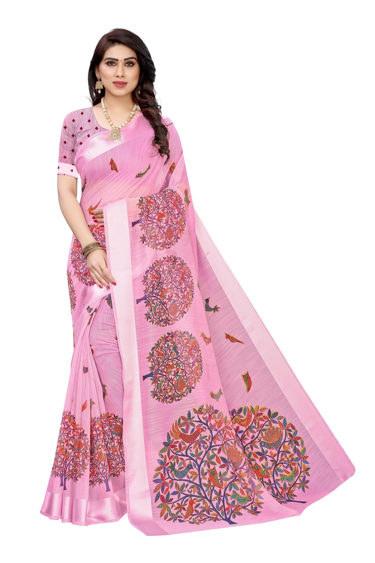 Vamika Linen Satin Border Pink Bollywood Style Saree - Distacart