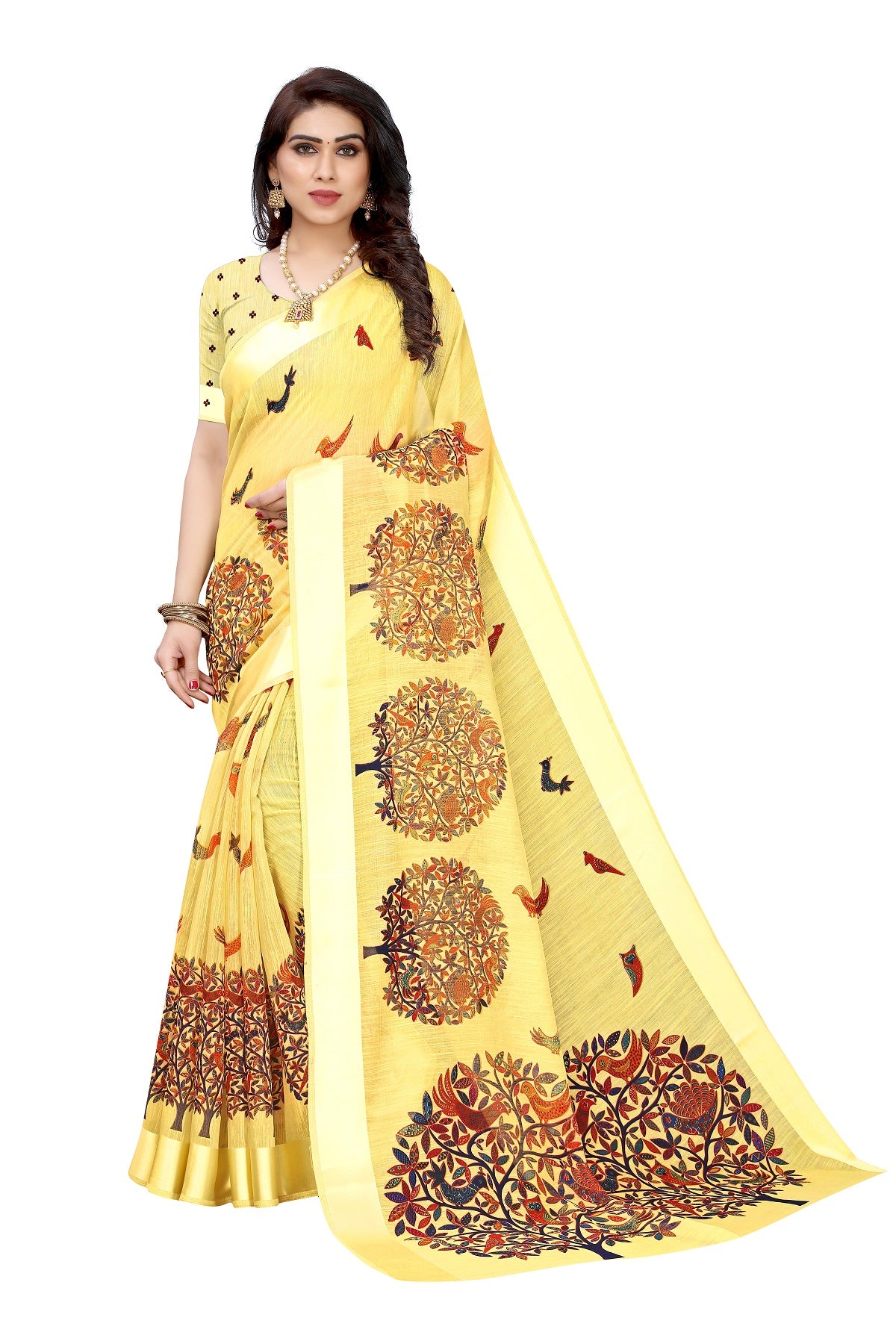 Vamika Linen Satin Border Yellow Bollywood Style Saree - Distacart