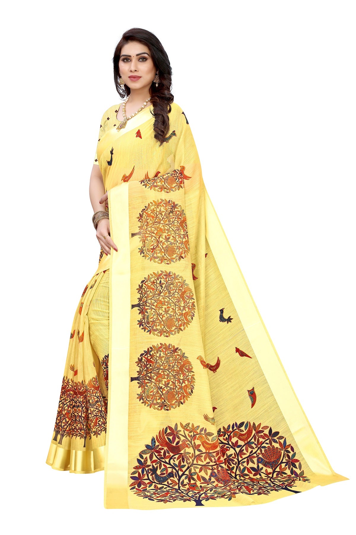 Vamika Linen Satin Border Yellow Bollywood Style Saree - Distacart