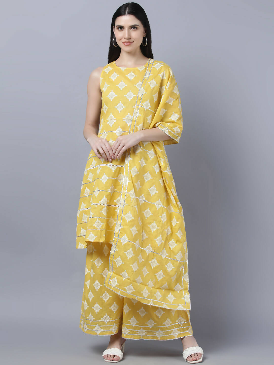 Myshka Women Yellow Floral Pure Cotton Kurti with Palazzos With Dupatta - Distacart