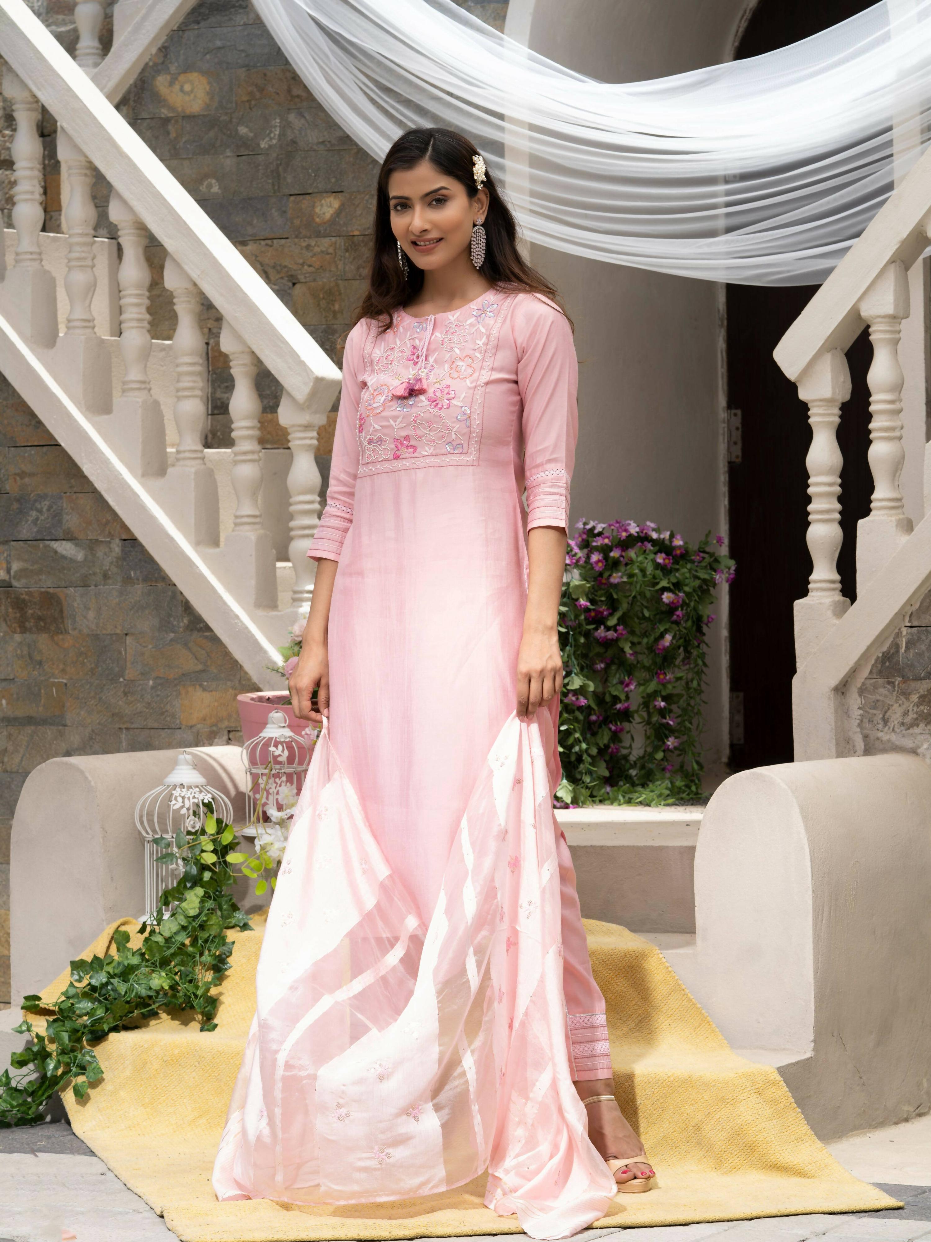 Pink Roman Silk Plain Kurta with Pant & Dupatta - Disha - Distacart
