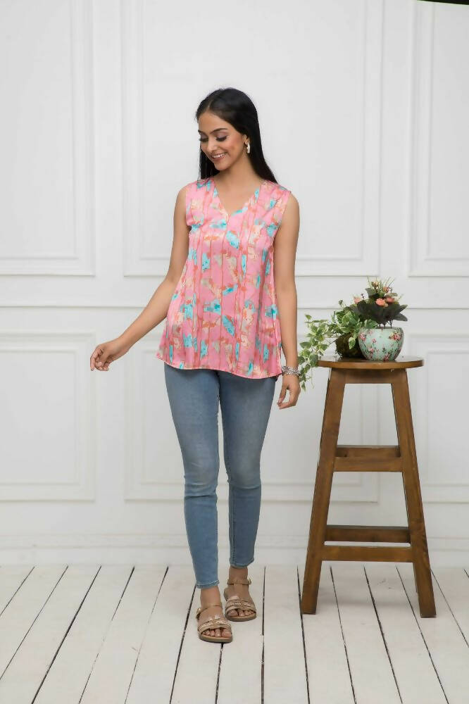 Myshka Women Multi-Abstract V-Neck No Sleeves Polyester Top - Distacart