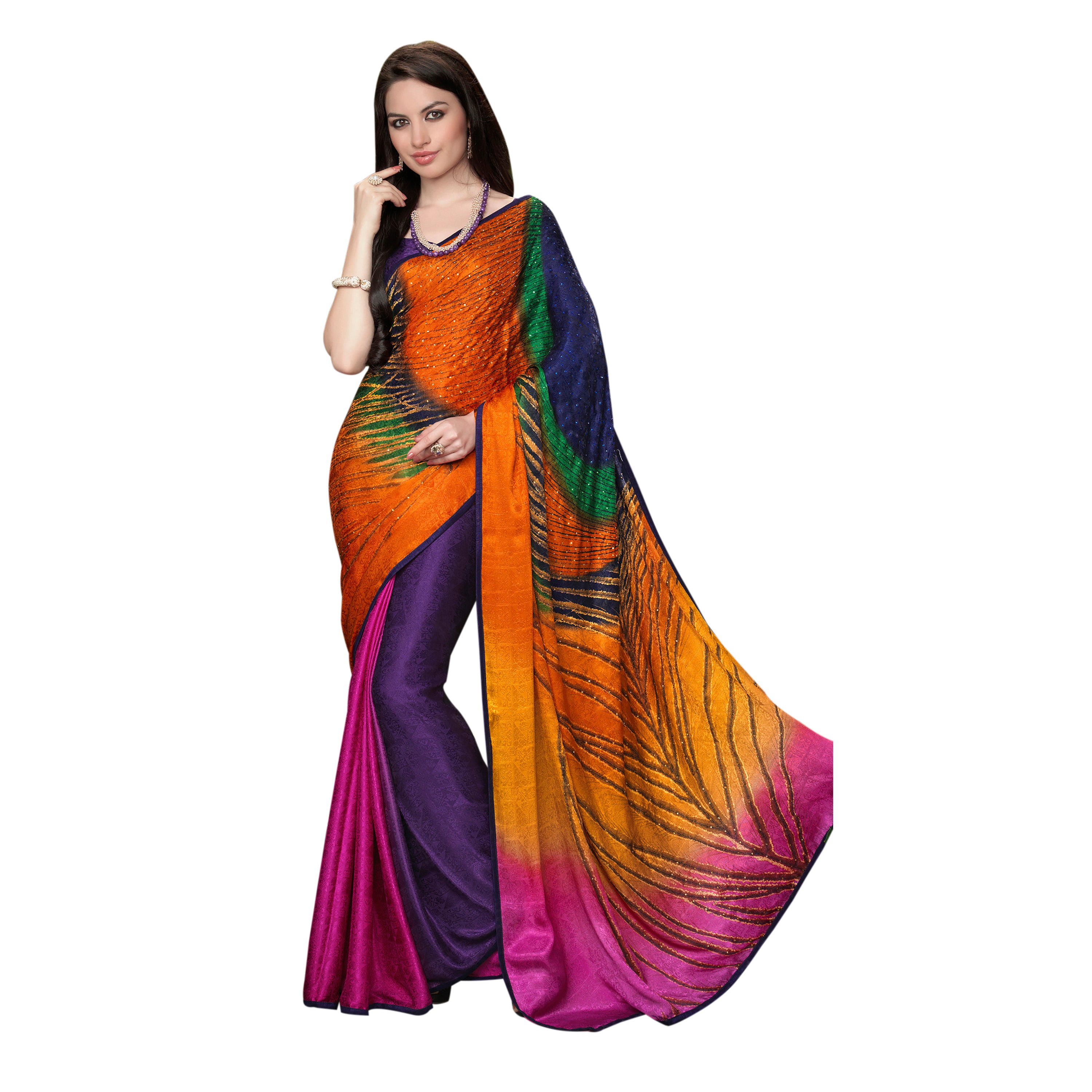 Vamika Multi Color Desinger China Chifon With Piping And Lace Saree - Distacart