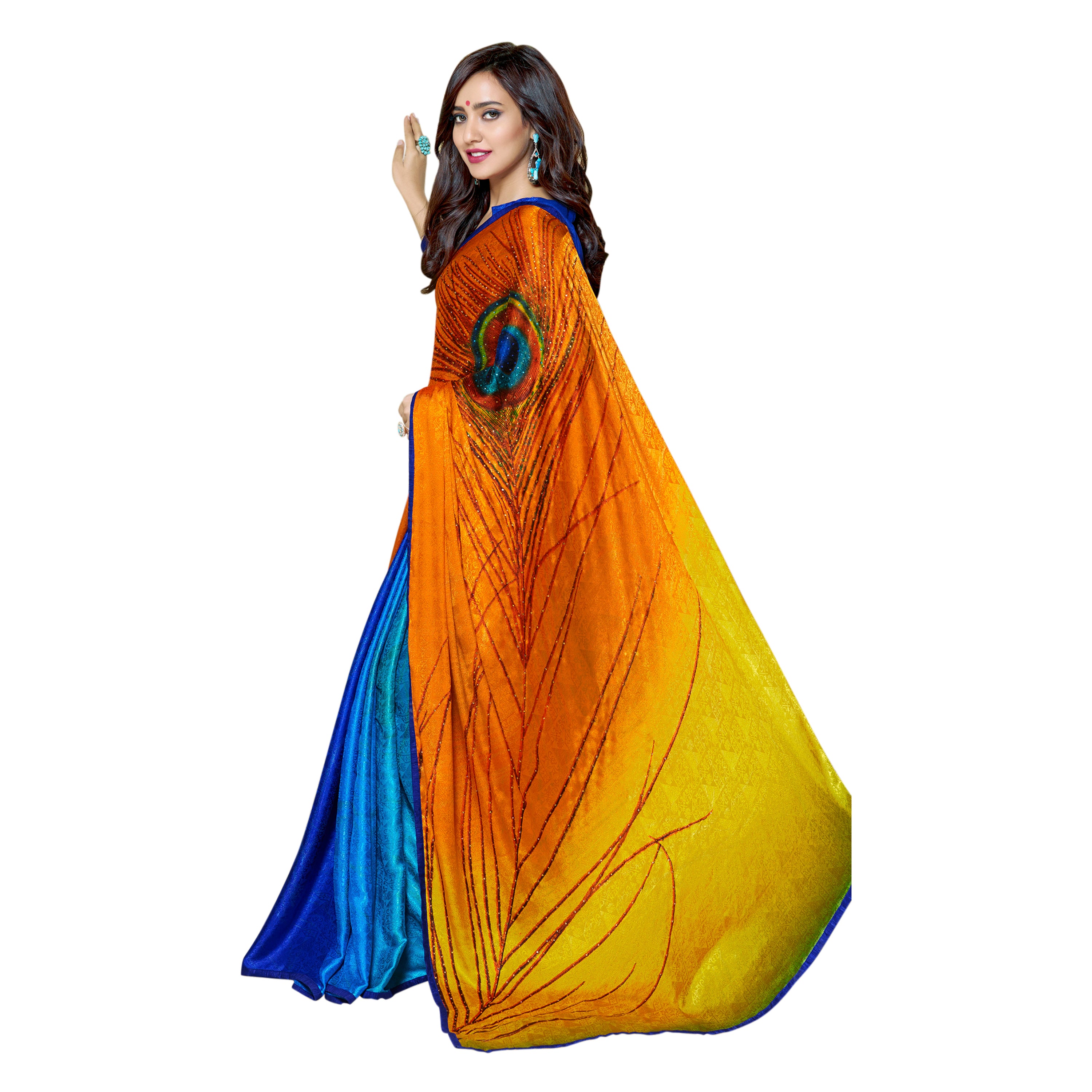 Vamika Blue & Yellow Desinger China Chifon With Piping And Lace Saree - Distacart