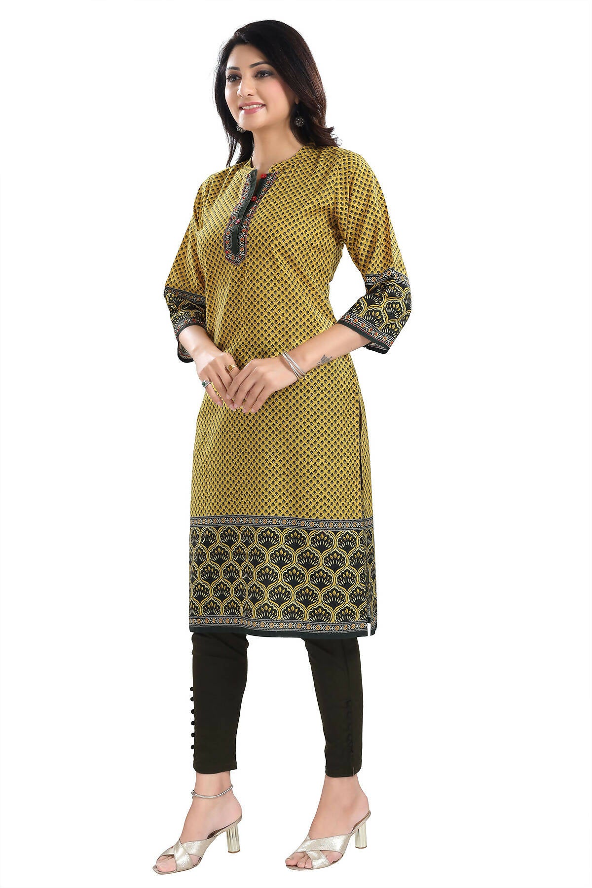 Snehal Creations Yellow Designer Digital Print Cotton Slub Fabric Long Kurti Tunic - Distacart