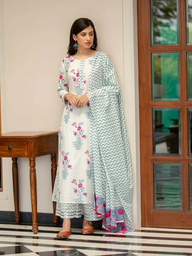 Malishka Women's White Cotton Floral Printed Kurta Palazzo Set With Dupatta - White - Distacart