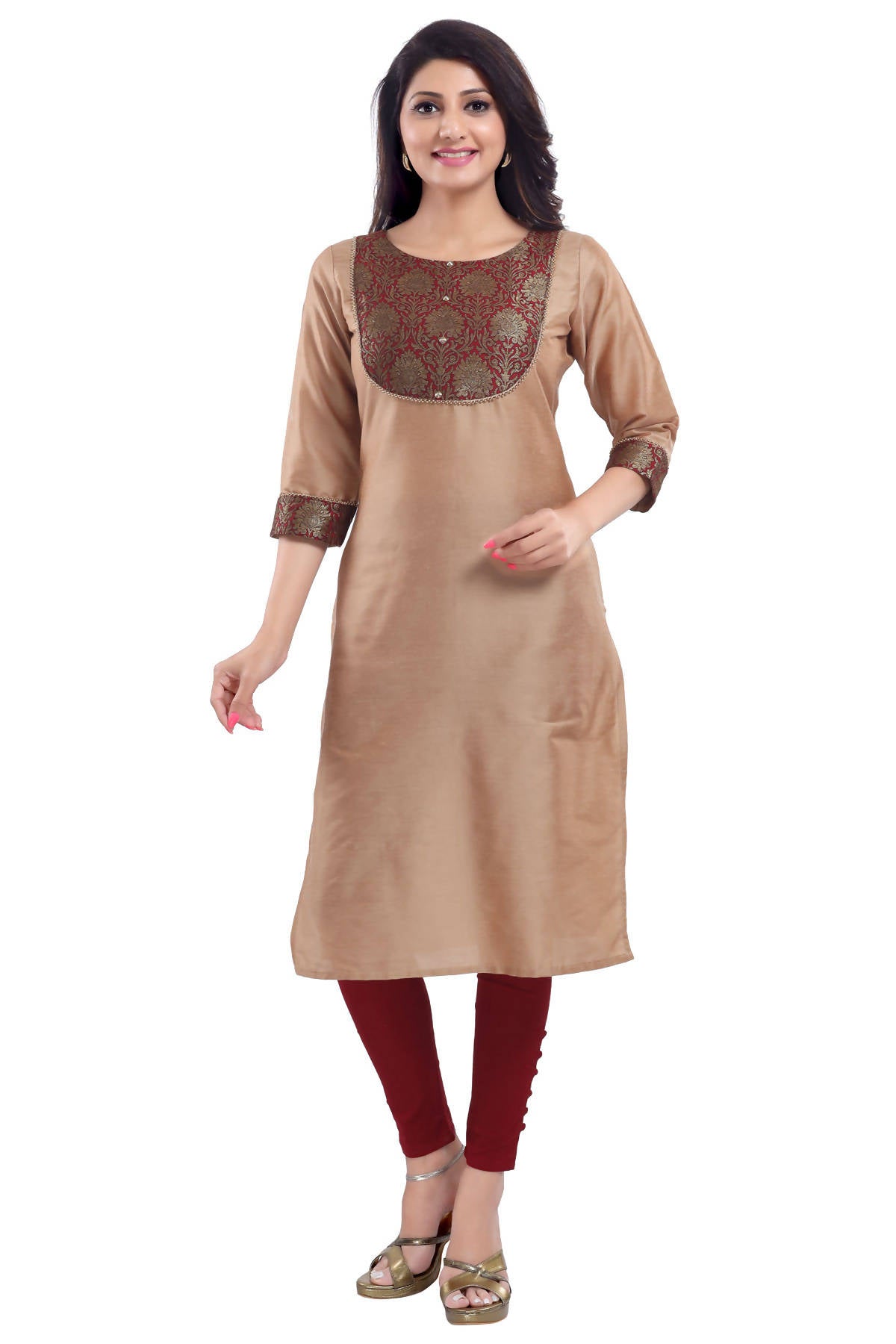Snehal Creations Beige Cotton Silk Kurti Top - Distacart