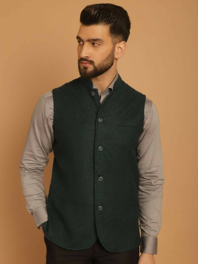 Even Apparels Pure Wool Nehru Jacket - Green - Distacart