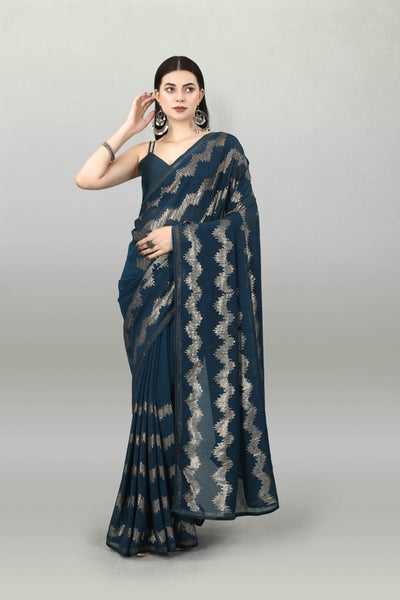 Malishka Women's Designer Georgette Sequence Embroidery Work Saree With Blouse Piece - Petrol - Distacart