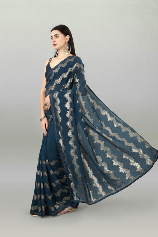 Malishka Women's Designer Georgette Sequence Embroidery Work Saree With Blouse Piece - Petrol - Distacart