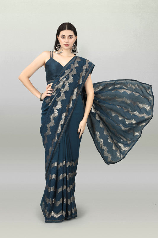 Malishka Women's Designer Georgette Sequence Embroidery Work Saree With Blouse Piece - Petrol - Distacart