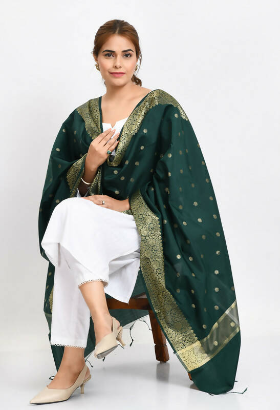 Mominos Fashion Moeza Women's Banarsi Silk Woven Design Bottle Green Dupatta - Distacart