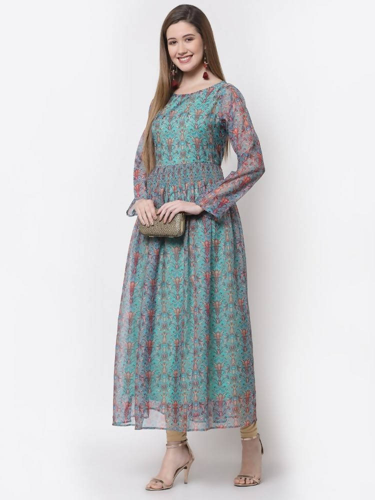 Myshka Blue Color Organza Printed Dress