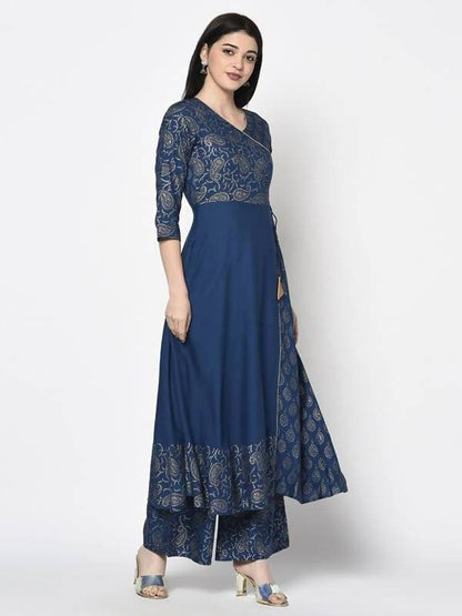 Aniyah Rayon Blue Color Foil Print Angrakha Anarkali Kurta (AN-208K)