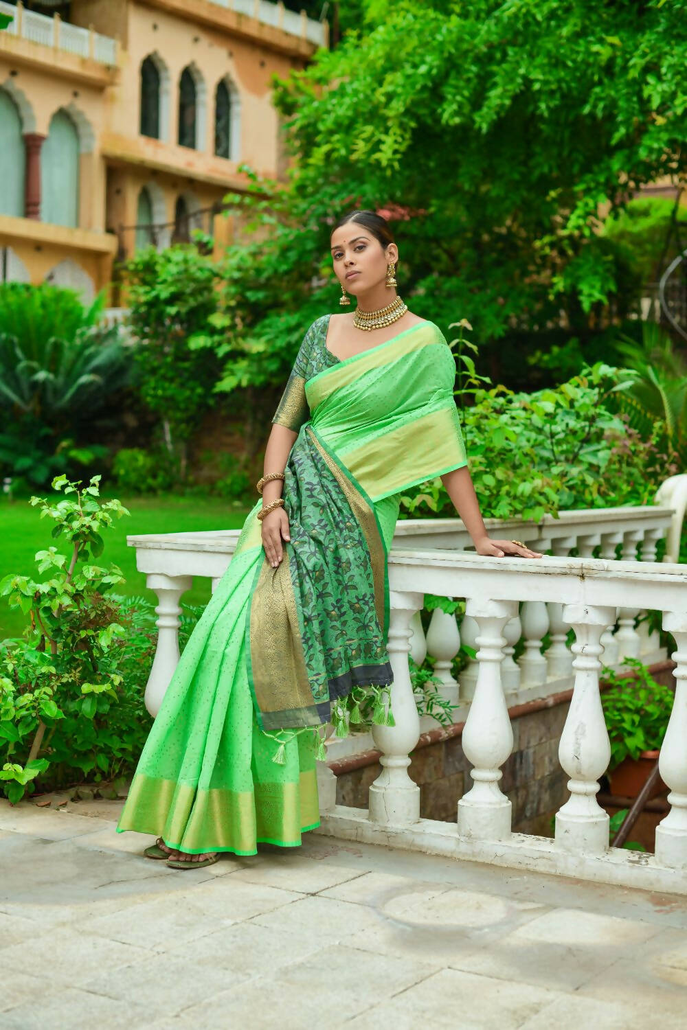 Vishnu Weaves Women's Green Linen Cotton Bandhani Woven Saree with Blouse - Distacart