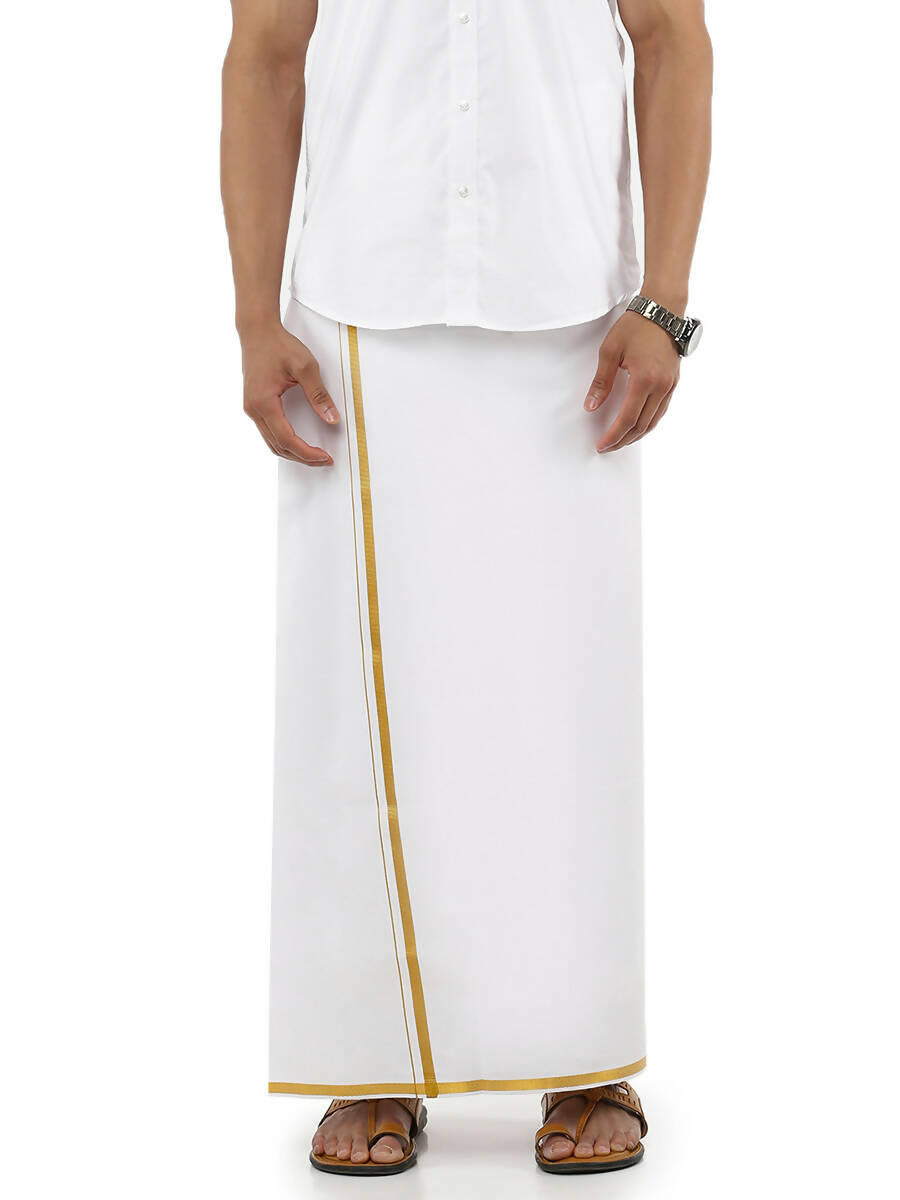 Ramraj Cotton Mens Poly Cotton 1/2" Gold Jari Dhoti - White - Distacart