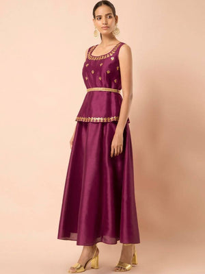 Indya Women Wine-Colored Embroidered Belted Peplum Layered Kurta - Distacart