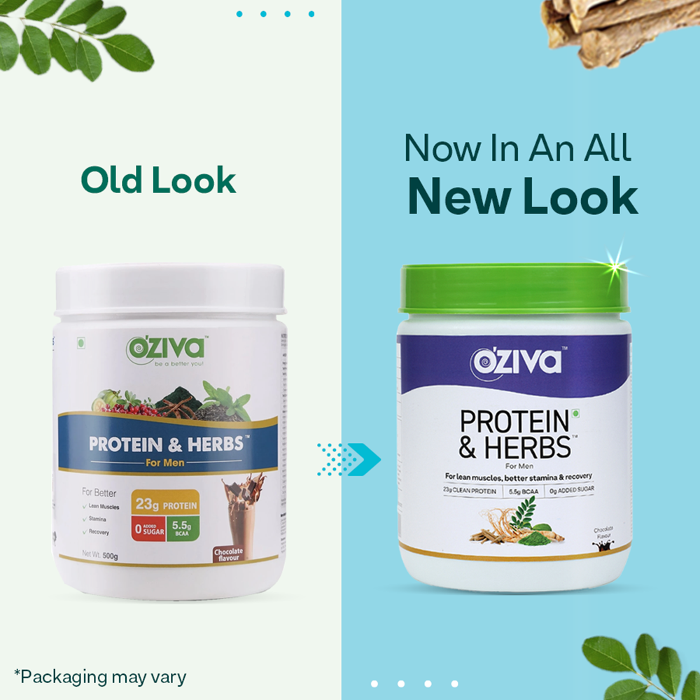 OZiva Protein & Herbs for Men Old vs New Look 