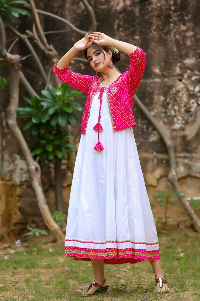 Yufta White and Pink Dress with Ethnic Jacket