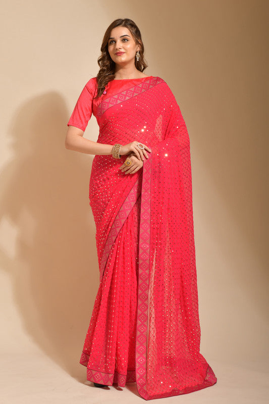 Malishka Women's Pink Georgette Sequence Embroidery Bollywood Saree With Blouse Piece - Distacart
