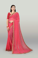 Thumbnail for Malishka Women's Bandhani Printed & Embroidery Work In Lace Georgette Saree With Unstitched Blouse - Pink - Distacart