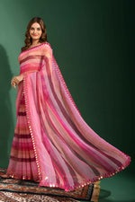 Thumbnail for Malishka Women's Pink Laheriya Printed, Zari Work & Lace Boarder Chiffon Saree With Unstitched Blouse - Distacart
