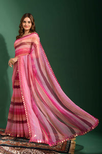 Thumbnail for Malishka Women's Pink Laheriya Printed, Zari Work & Lace Boarder Chiffon Saree With Unstitched Blouse - Distacart
