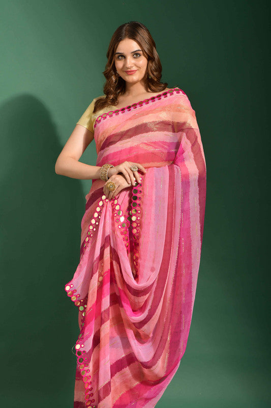 Malishka Women's Pink Laheriya Printed, Zari Work & Lace Boarder Chiffon Saree With Unstitched Blouse - Distacart