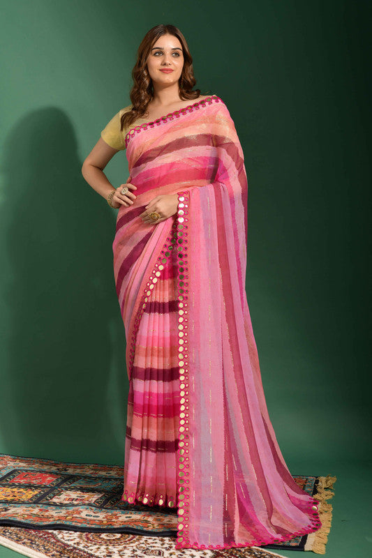 Malishka Women's Pink Laheriya Printed, Zari Work & Lace Boarder Chiffon Saree With Unstitched Blouse - Distacart