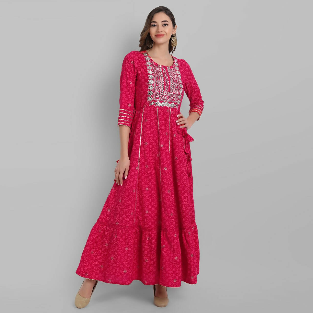 Juniper Fuchsia Rayon Festive Wear Embroidered Tiered Long Dress - Distacart