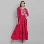 Thumbnail for Juniper Fuchsia Rayon Festive Wear Embroidered Tiered Long Dress - Distacart