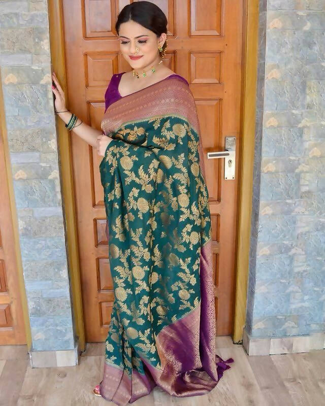 DEIANA'S Beautiful Golden Jari with New Design Soft Lichi Silk Saree - Teal - Distacart