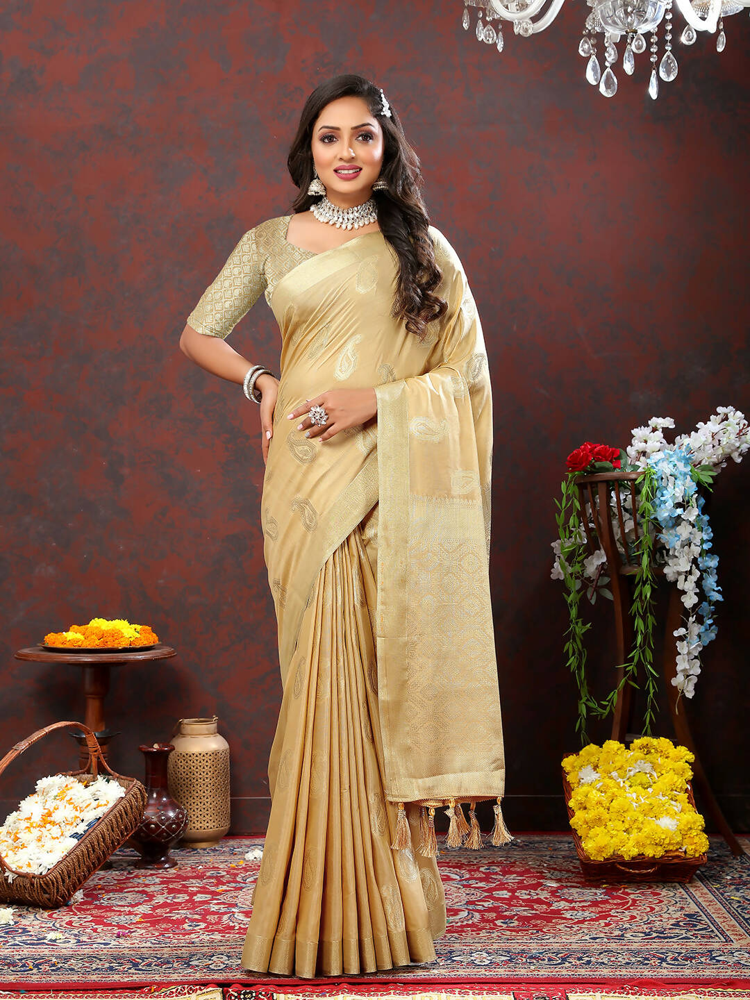 Lorenvalley Fashion Cream Cotton Woven Design with Zari Weaving Design Saree - Distacart