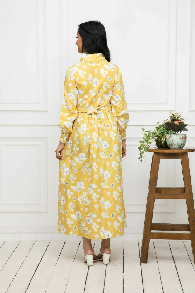 Myshka Women Yellow-Floral Rayon A-Line Shirt Collar Dress - Distacart