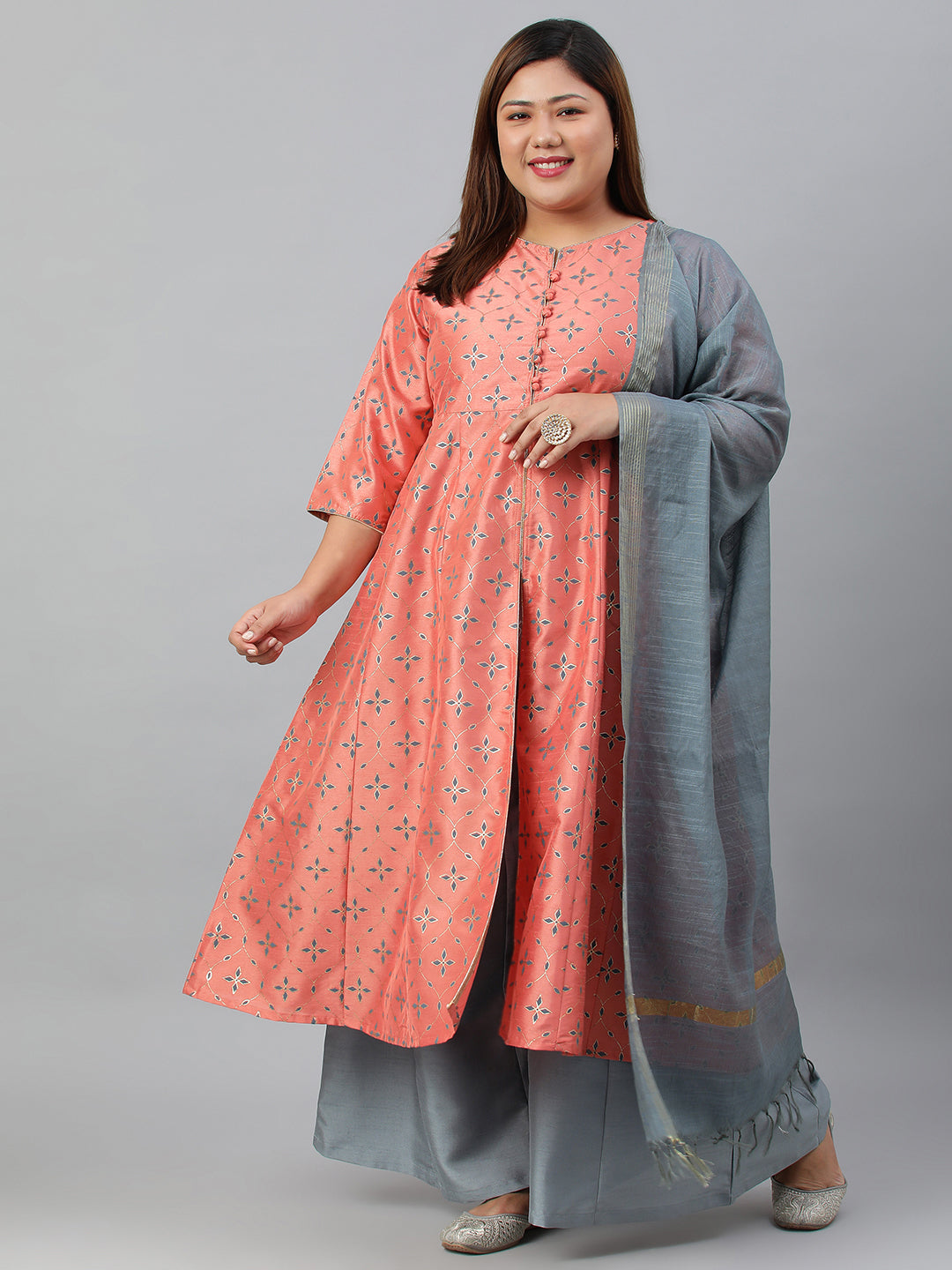 Janasya XL LOVE by Janasya Women's Plus Size Peach Poly Silk Kurta With Palazzo and Dupatta - Distacart