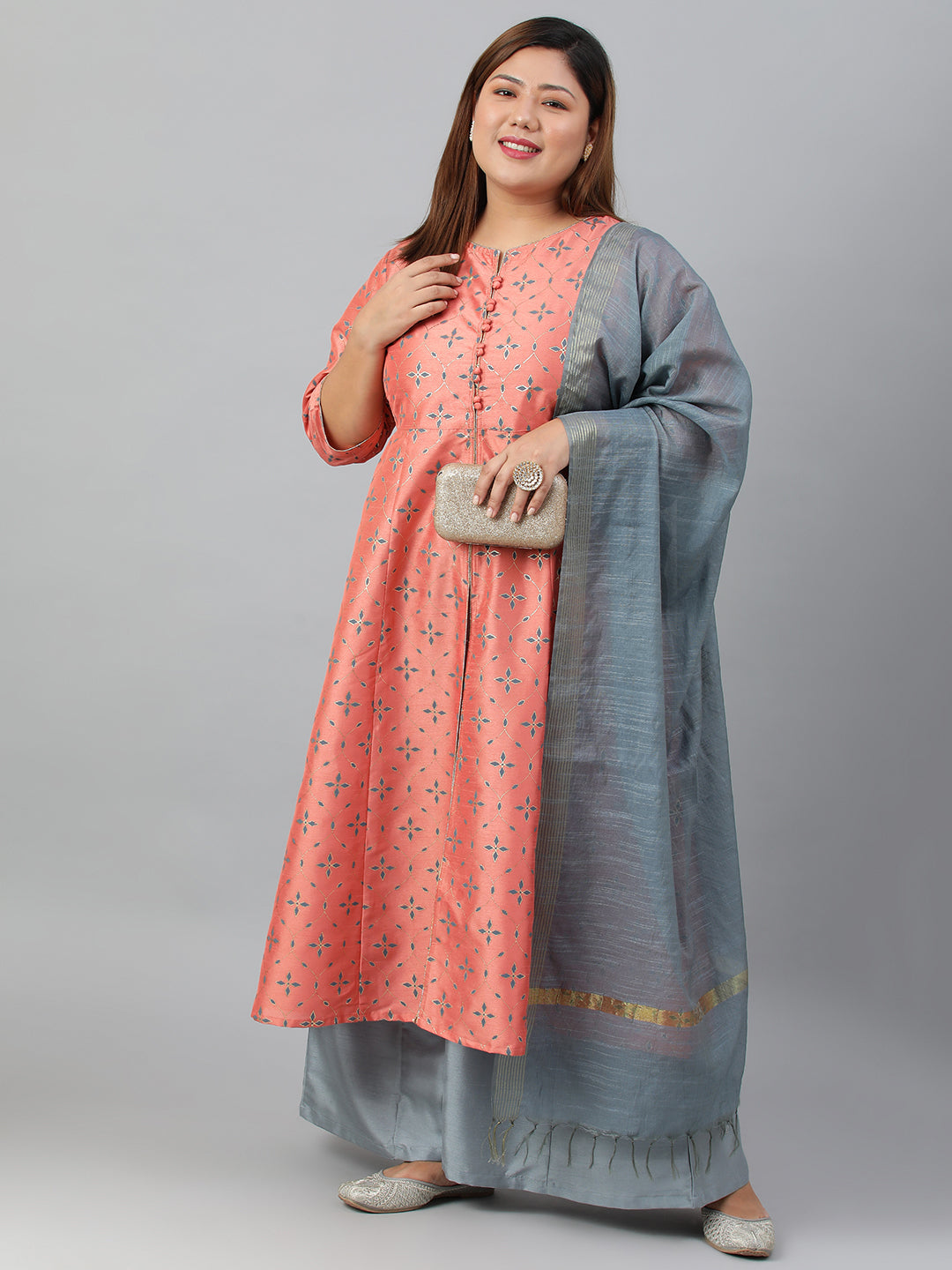 Janasya XL LOVE by Janasya Women's Plus Size Peach Poly Silk Kurta With Palazzo and Dupatta - Distacart