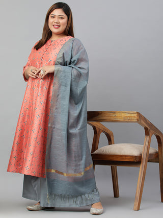 Janasya XL LOVE by Janasya Women's Plus Size Peach Poly Silk Kurta With Palazzo and Dupatta - Distacart