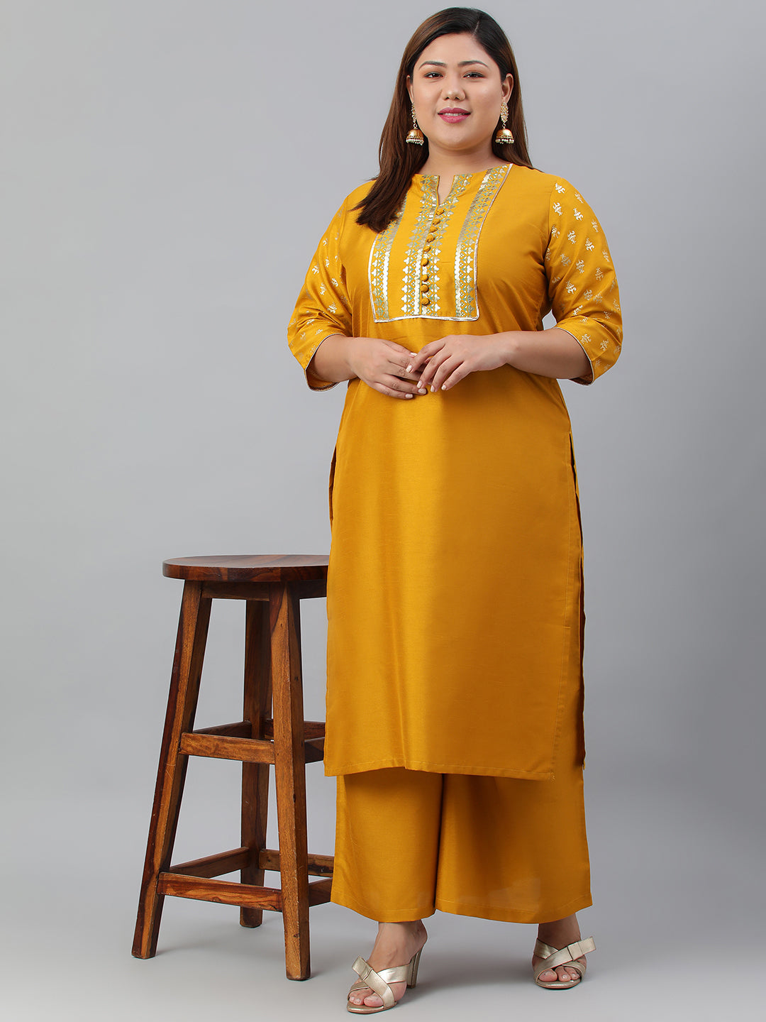 Janasya Women's Mustard Poly Silk Straight Party Kurta Set - Distacart