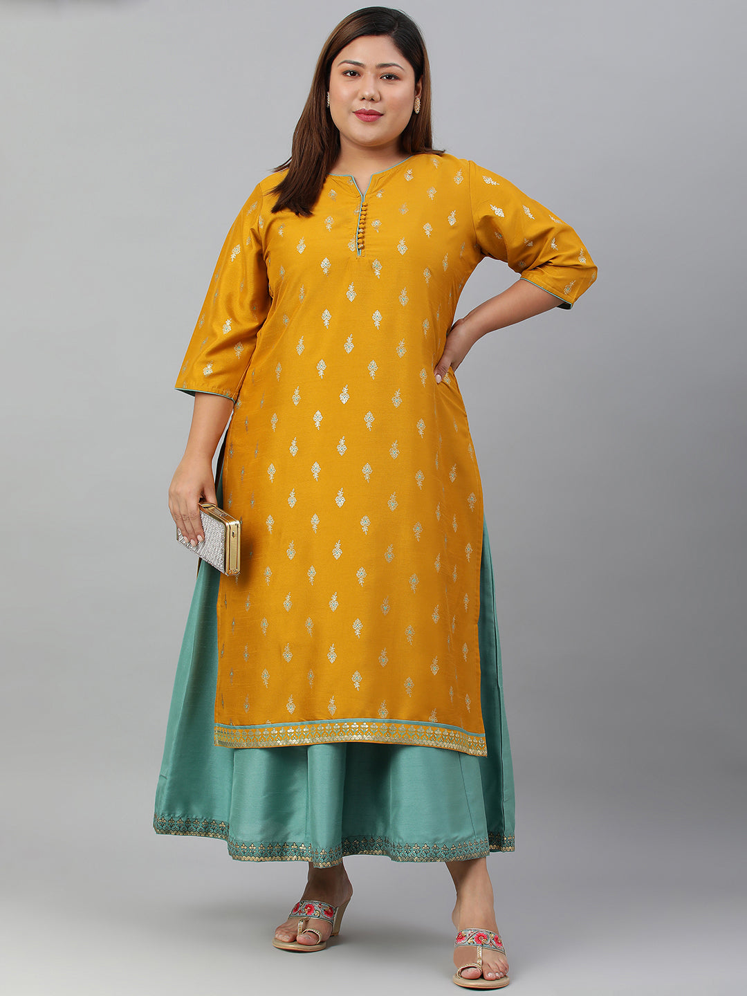 Janasya Women's Mustard Poly Silk Foil Print A-line Dress - Distacart