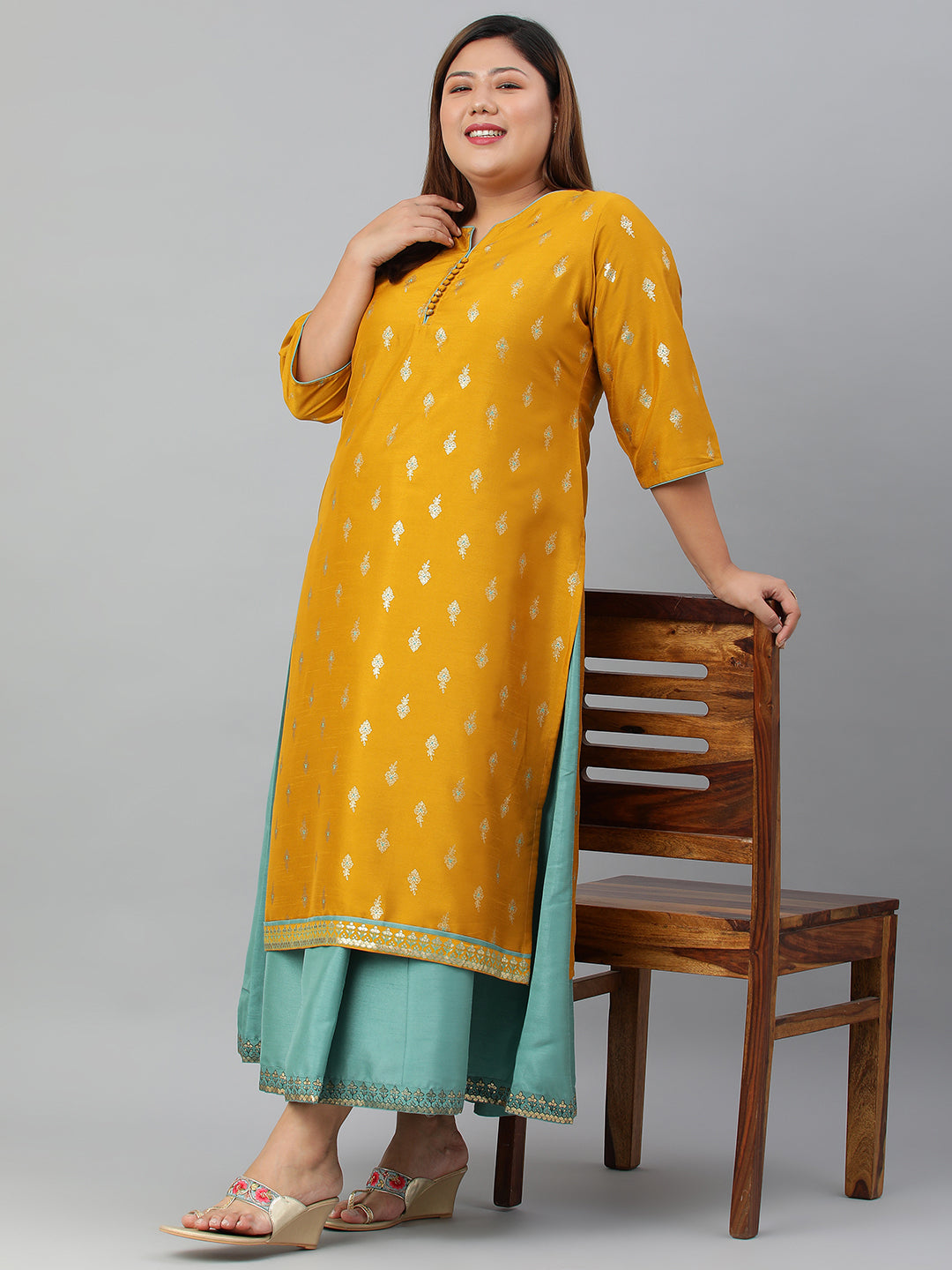 Janasya Women's Mustard Poly Silk Foil Print A-line Dress - Distacart