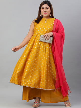 Janasya XL LOVE by Janasya Women's Plus Size Mustard Poly Silk Kurti With Palazzo and Dupatta - Distacart