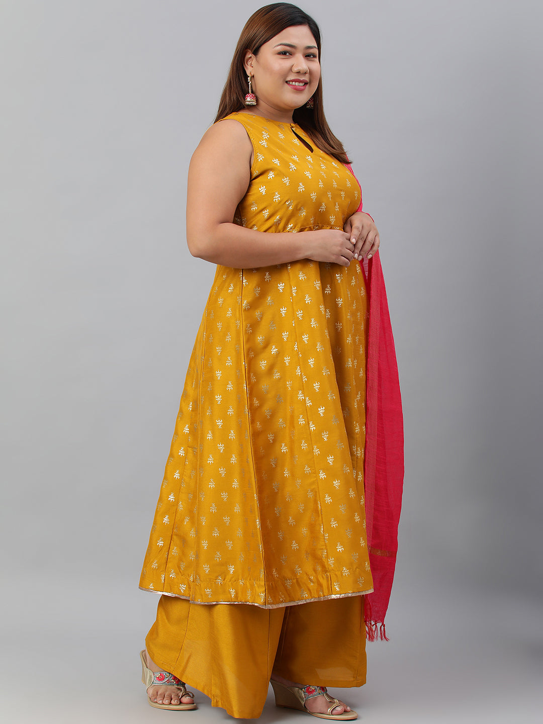 Janasya XL LOVE by Janasya Women's Plus Size Mustard Poly Silk Kurti With Palazzo and Dupatta - Distacart