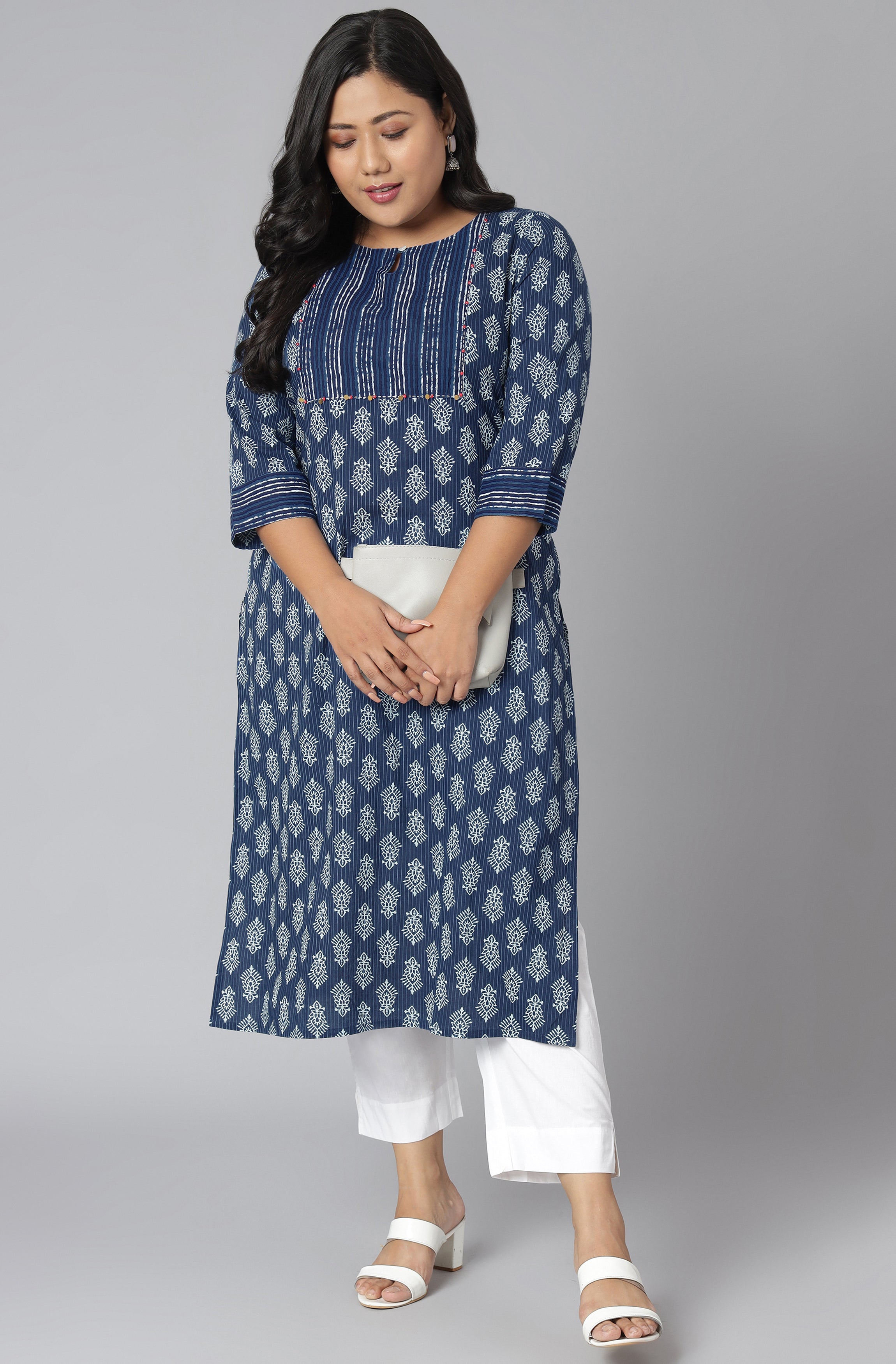 Janasya Women's Blue Cotton Block Print Casual Straight Kurta - Distacart