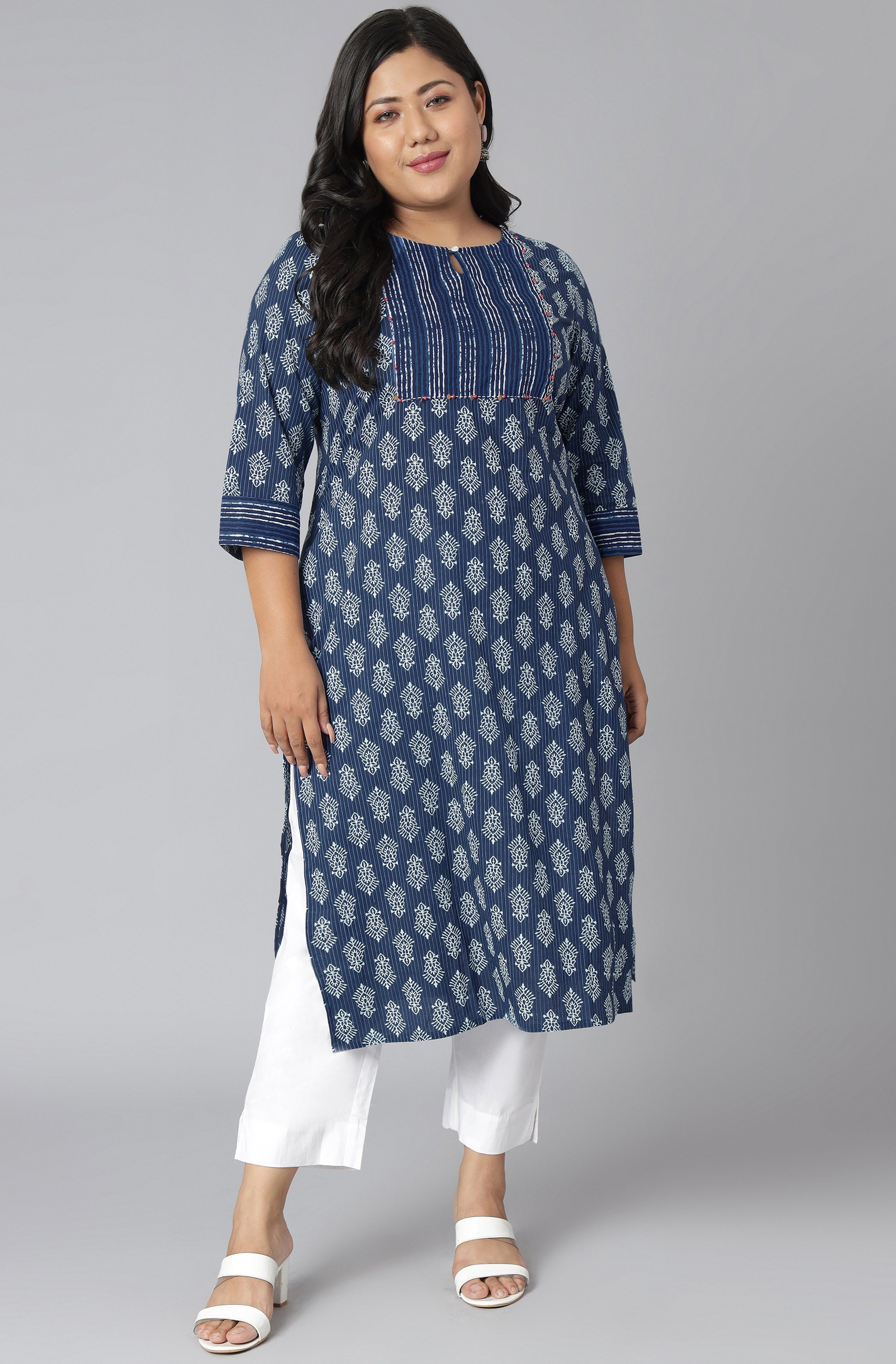 Janasya Women's Blue Cotton Block Print Casual Straight Kurta - Distacart