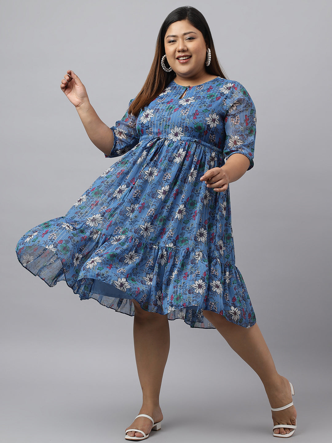 Janasya Women's Blue Poly Georgette Floral Printed Casual Flared Western Dress - Distacart