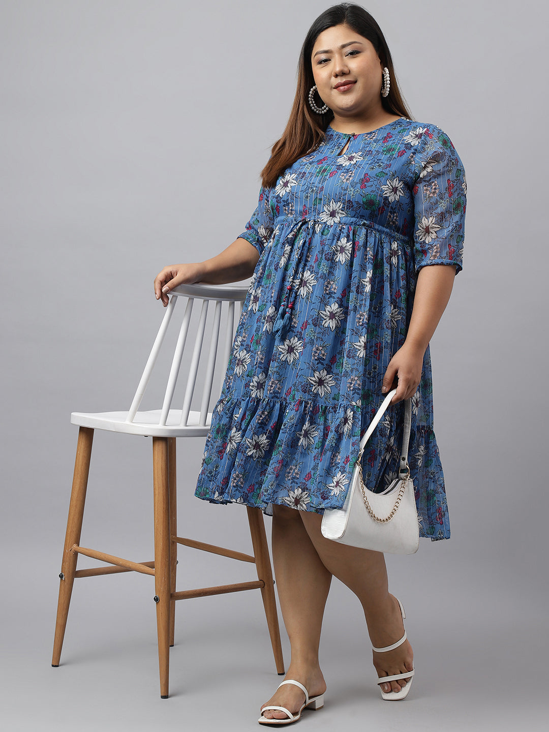 Janasya Women's Blue Poly Georgette Floral Printed Casual Flared Western Dress - Distacart